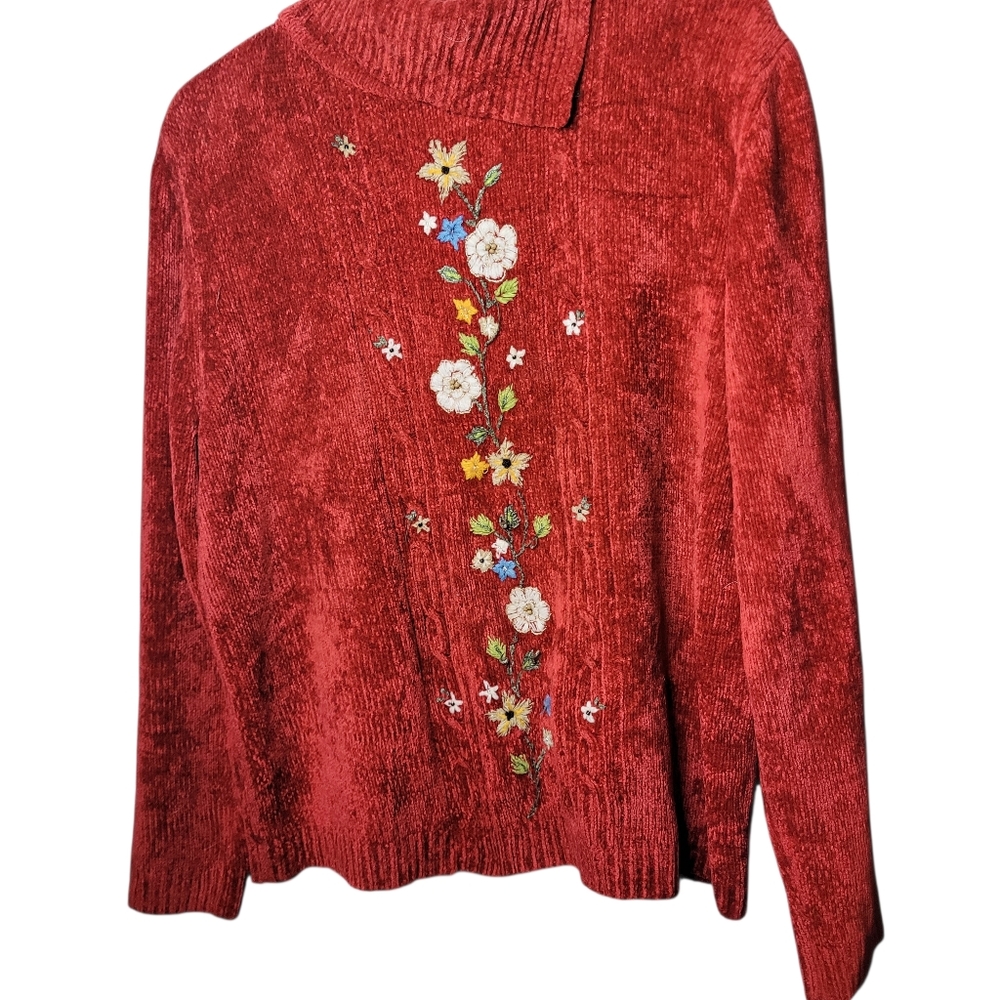 Alfred Dunner Red Chenille Sweater Lg. Cottagecore Acrylic Embroidery Pullover